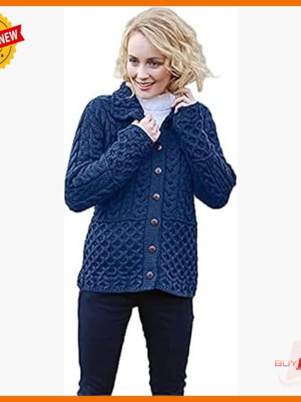 Merino Wool Cardigan with Honeycomb Stitch, Classic Irish Knit